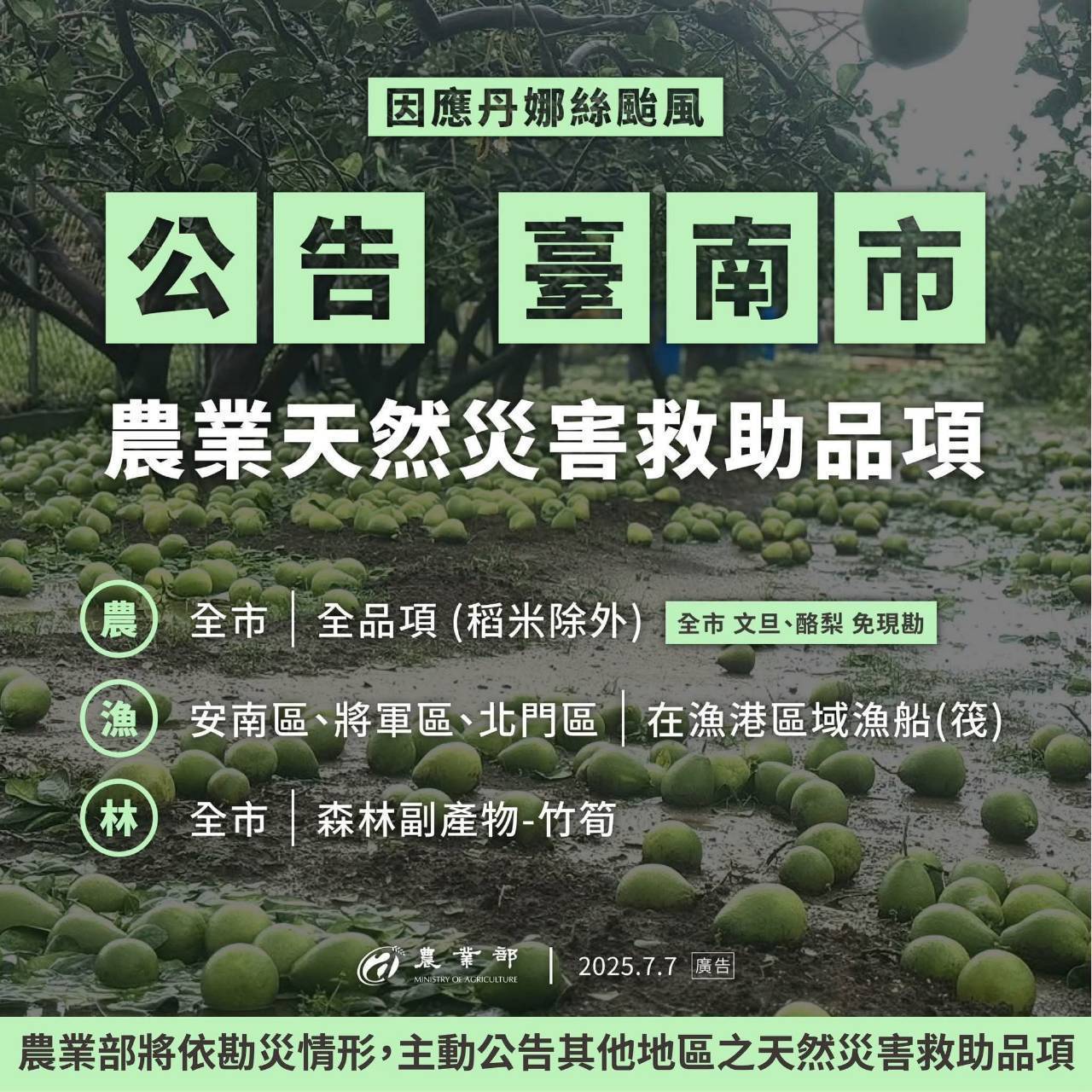114年丹娜絲颱風衝擊臺南市農產業 7月8日至7月21日受理救助申請