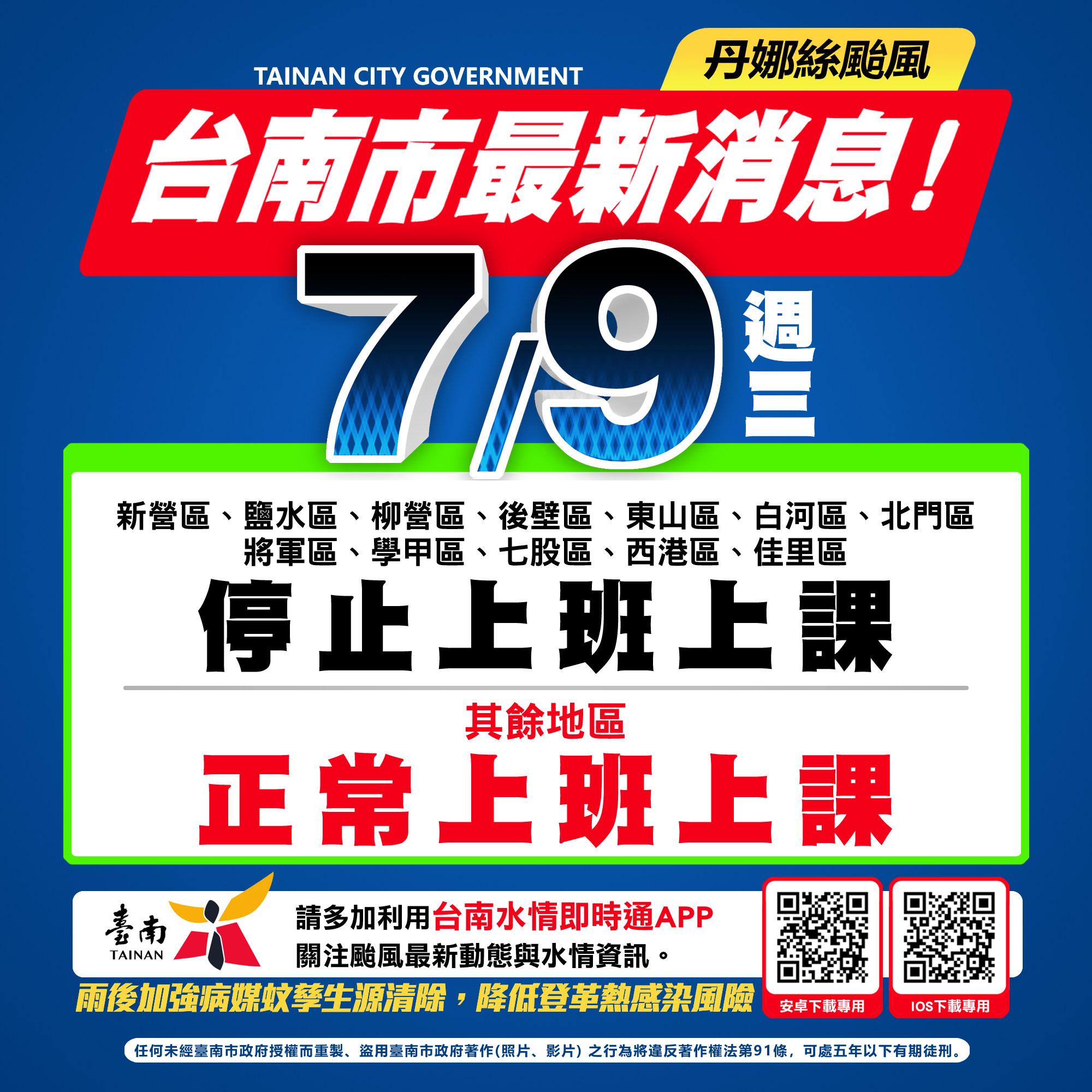 台南市明(9)日新營、鹽水、柳營、後壁、東山、白河、北門、將軍、學甲、七股、西港、佳里等12區停止上班、停止上課