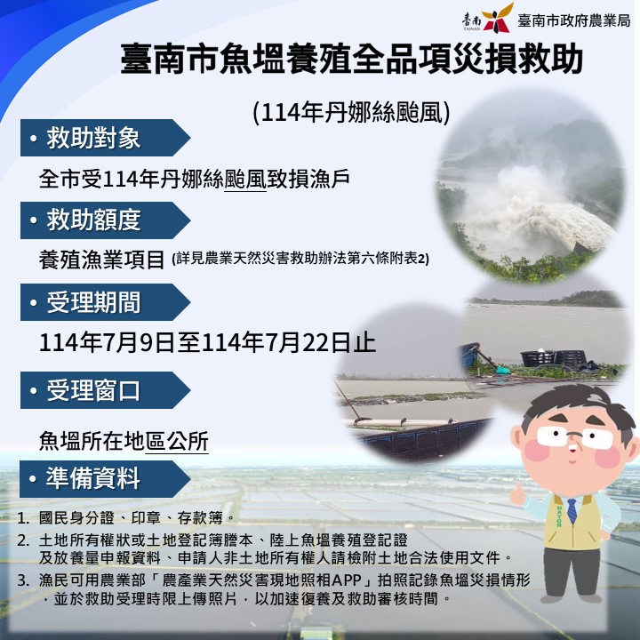 臺南市漁業受丹娜絲颱風災損 7月9日至7月22日受理現金救助申請