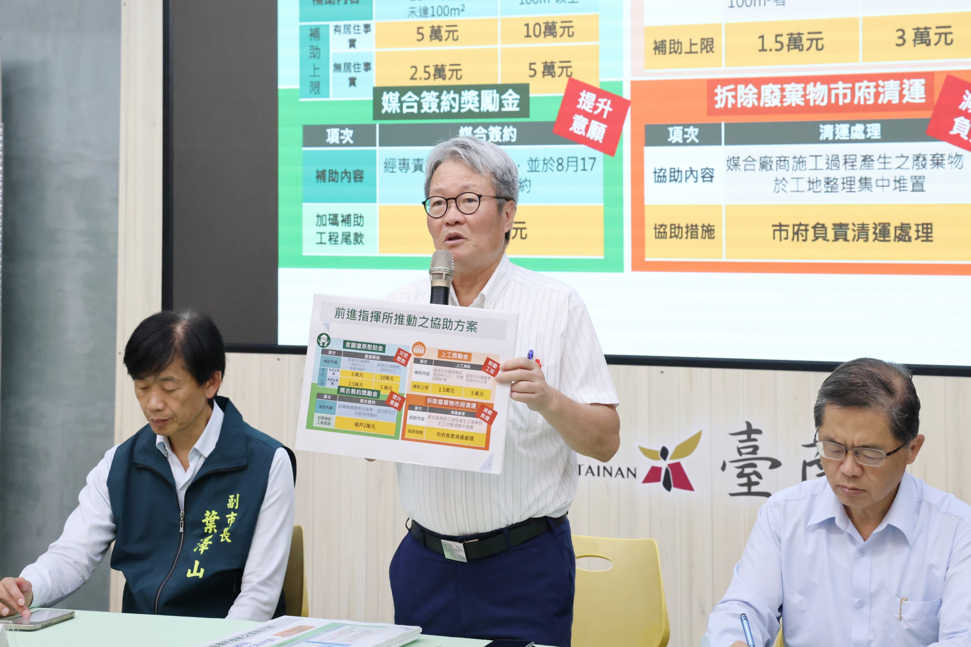 「雲嘉南災後復原前進指揮所」說明五大慰助獎勵措施   台南市府：媒合工班提供2年保固