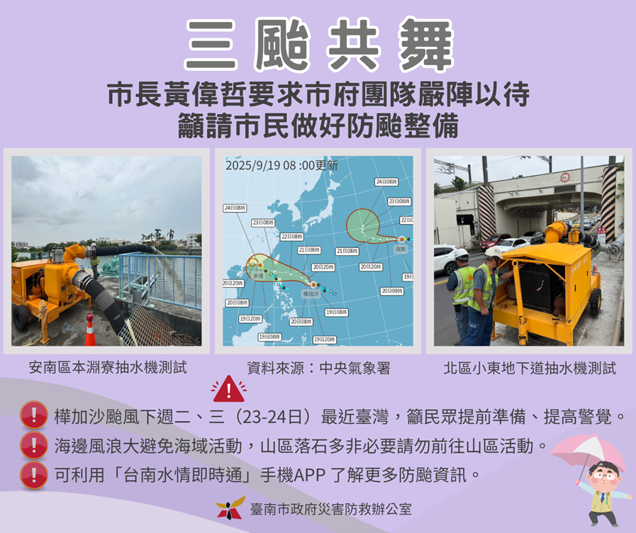 三颱共舞，市長黃偉哲要求市府團隊嚴陣以待，籲請市民做好防颱整備