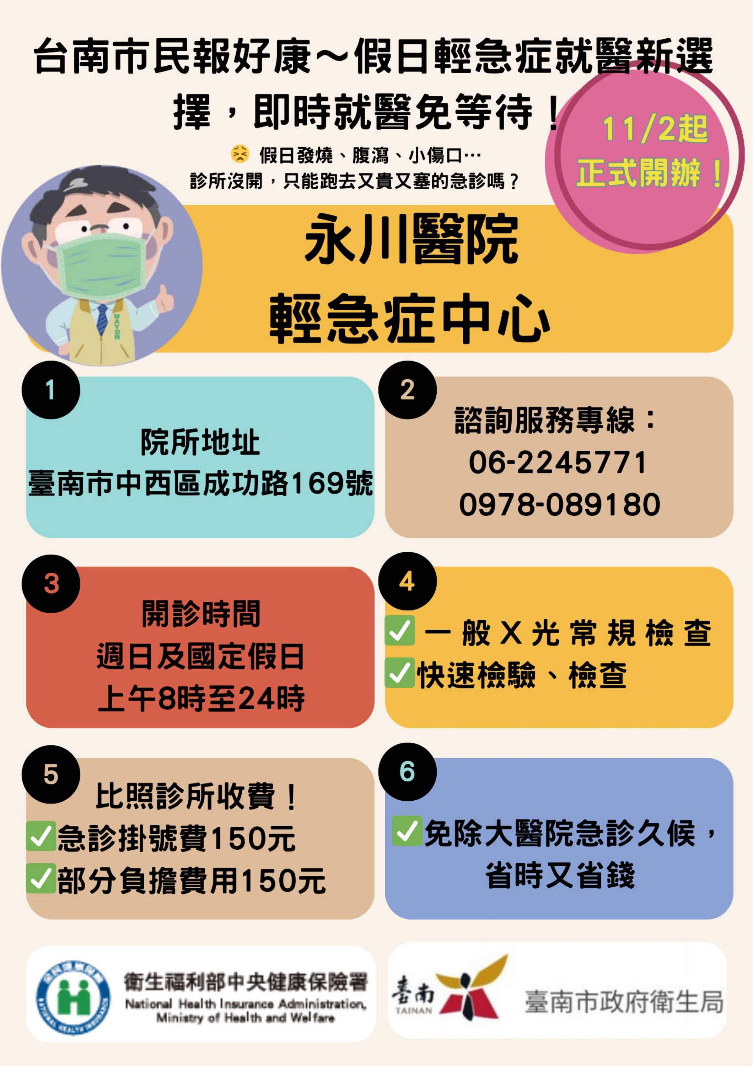 假日急診就醫   門診付費！永川醫院成為臺南市首家「週日及國定假日輕急症中心」