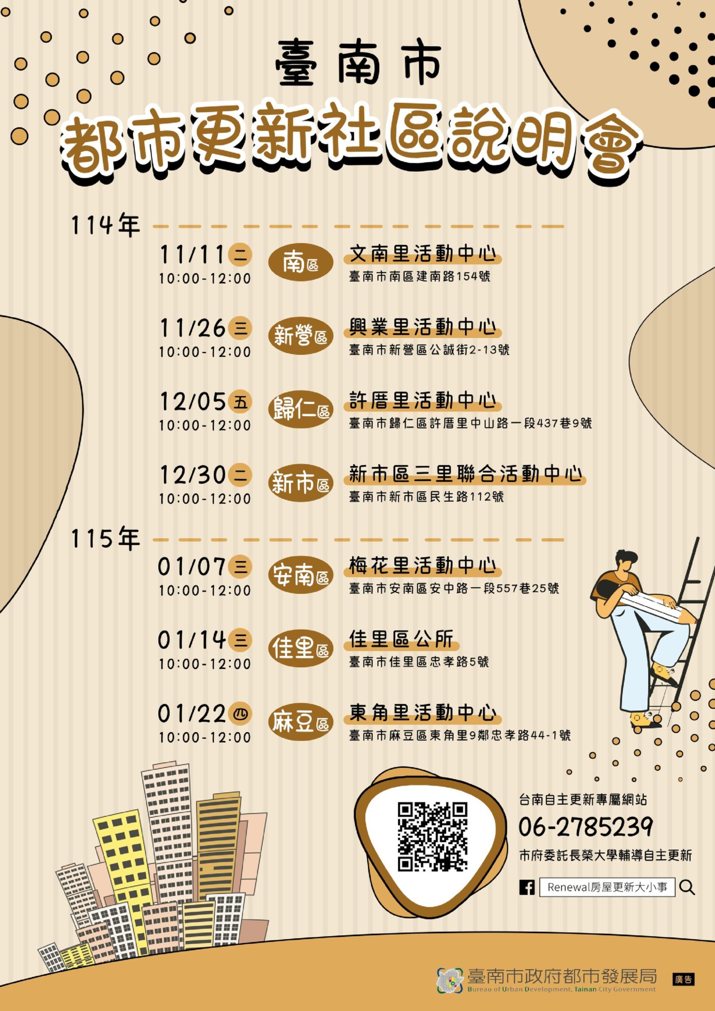 臺南市都市更新說明會第二階段啟動，7場次巡迴各區推動社區自主更新