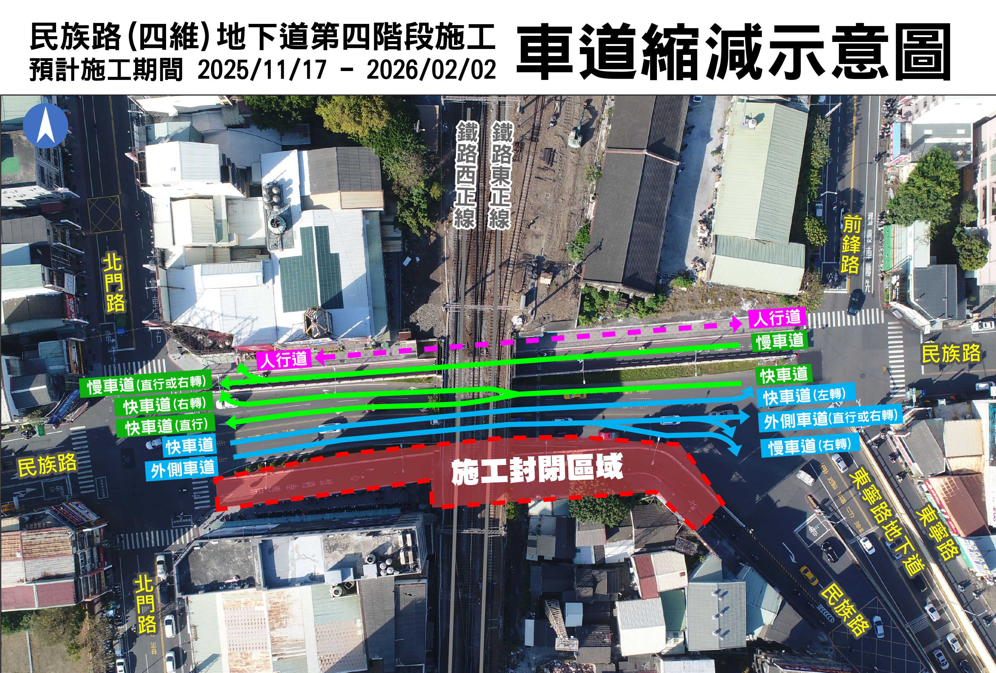 【民族路(四維)地下道11月17日起進行鐵路地下化第四至六階段施工】 提醒市民朋友提早出門或改走替代道路