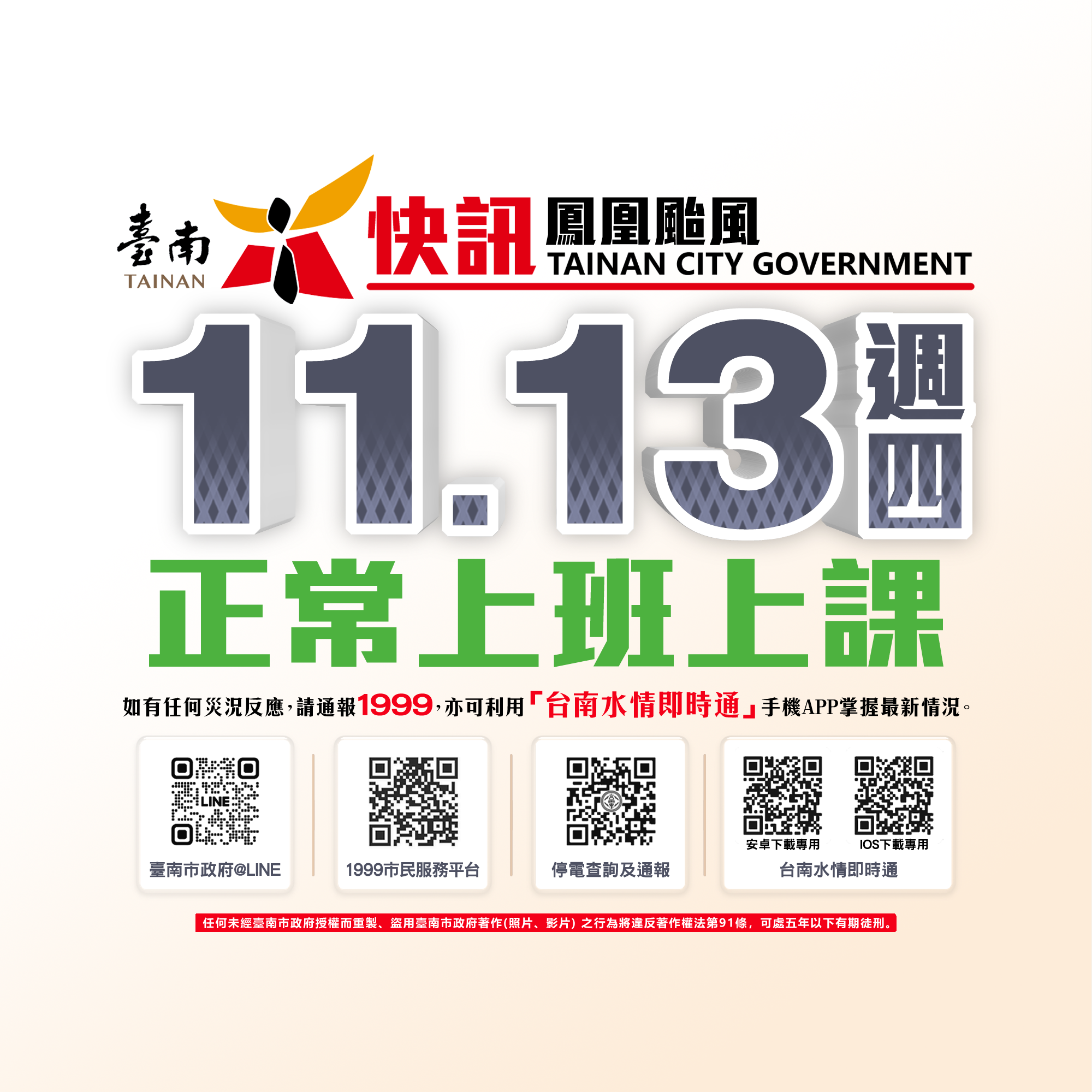 台南市11/13照常上班上課！颱風外圍環流影響減弱，生活恢復正常。