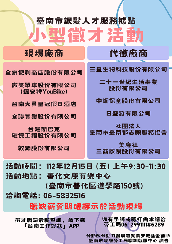 112/12/15臺南市銀髮人才服務據點辦理小型徵才活動，歡迎求職民眾踴躍參加