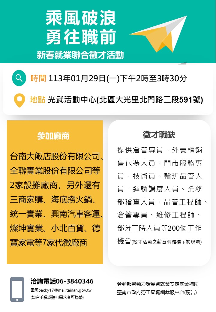 113/1/29(一)勞工局職訓就服中心辦理『乘風破浪勇往職前』新春就業聯合徵才活動 歡迎求職民眾踴躍參加