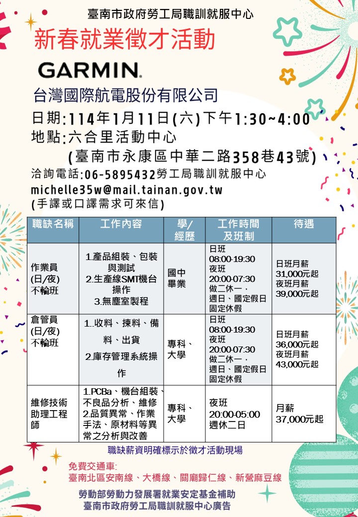 114/1/11(六)勞工局職訓就服中心辦理GRAMIN台灣國際航電股份有限公司新春就業徵才活動，歡迎求職民眾踴躍參加。