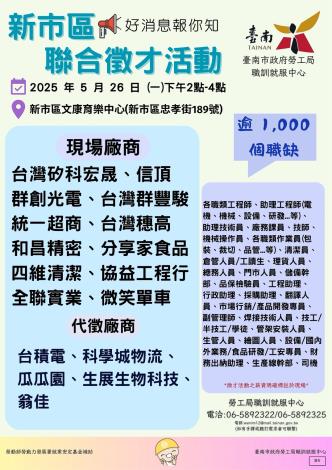 114/05/26(一)勞工局職訓就服中心辦理新市區聯合徵才活動,歡迎求職民眾踴躍參加