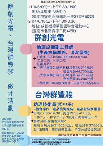 114/6/9(一)、6/18(三)勞工局職訓就服中心辦理群創光電、台灣群豐駿科技股份有限公司徵才活動,歡迎求職民眾踴躍參加