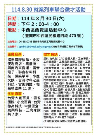 114/8/30(六)勞工局職訓就服中心辦理「114.8.30就業列車聯合徵才活動」，歡迎求職民眾踴躍參加