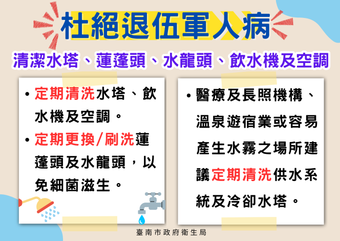 定期清水塔及空調設備，　遠離退伍軍人病！
