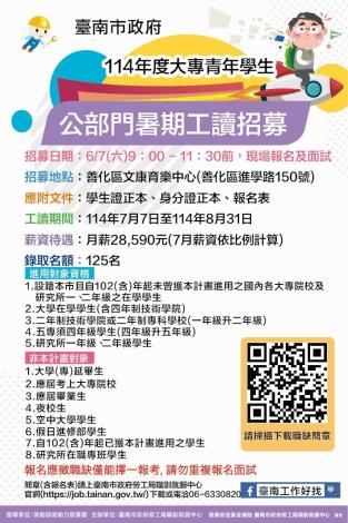 「114年度大專青年學生公部門暑期工讀計畫」招募活動