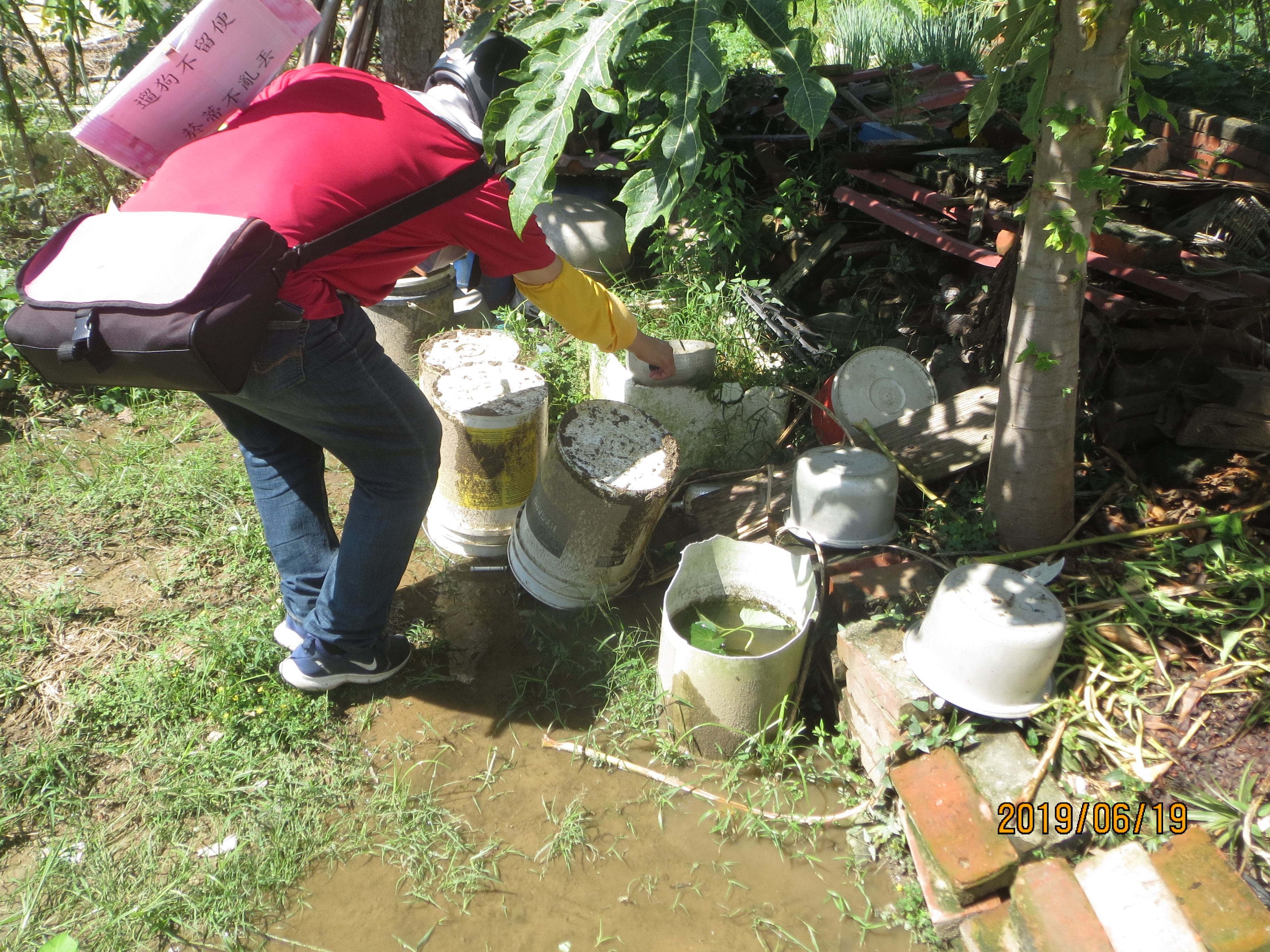 隊員發現某民宅花圃有大量積水空桶