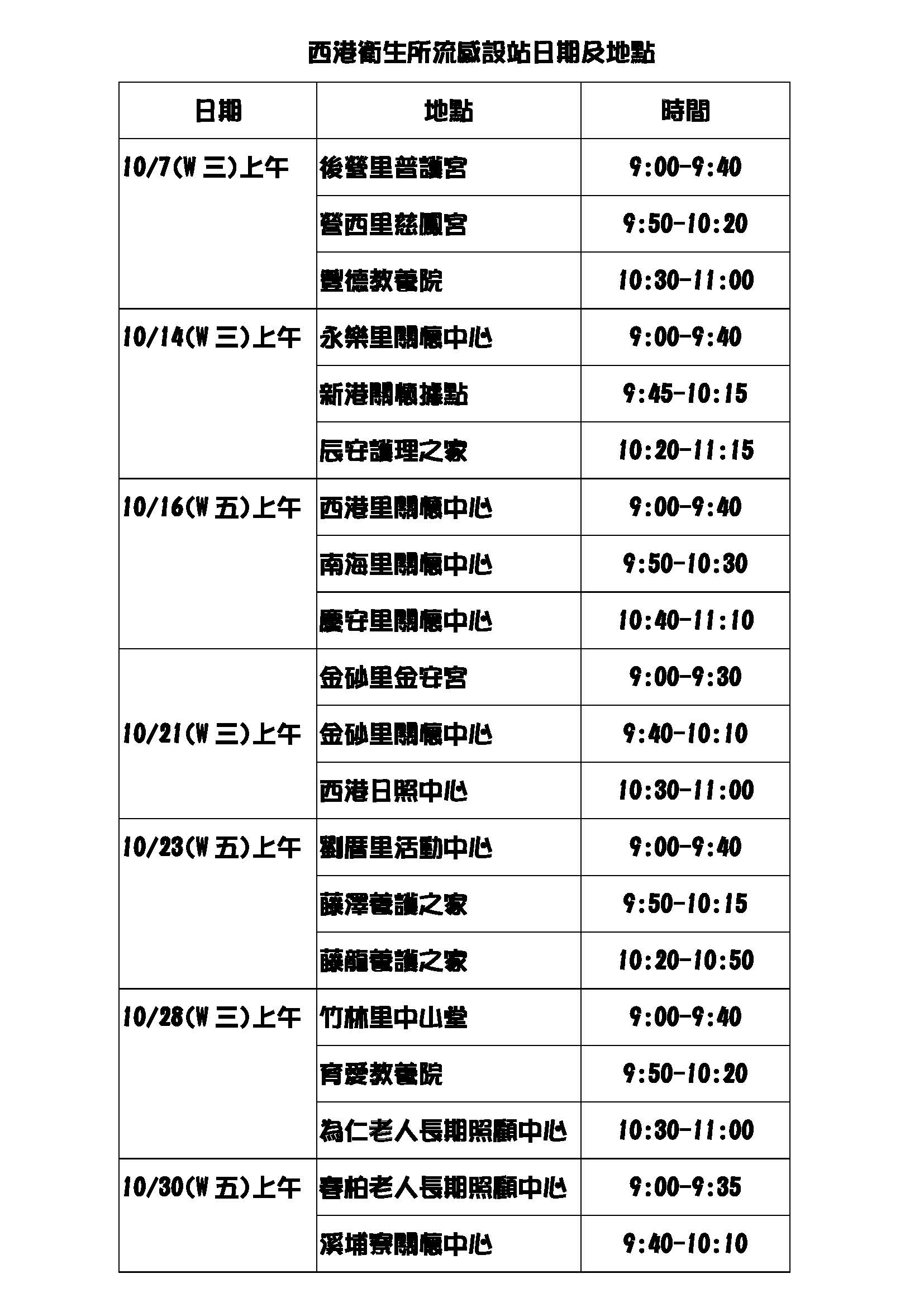109年西港衛生所公費流感疫苗接種設站時程-1