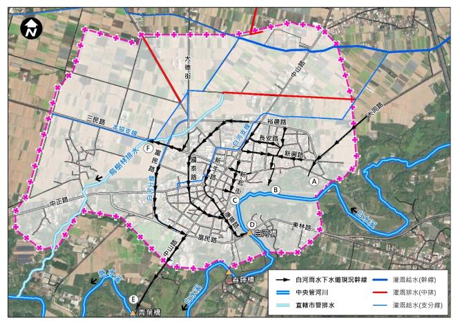 白河都市計畫區內雨水下水道系統分佈