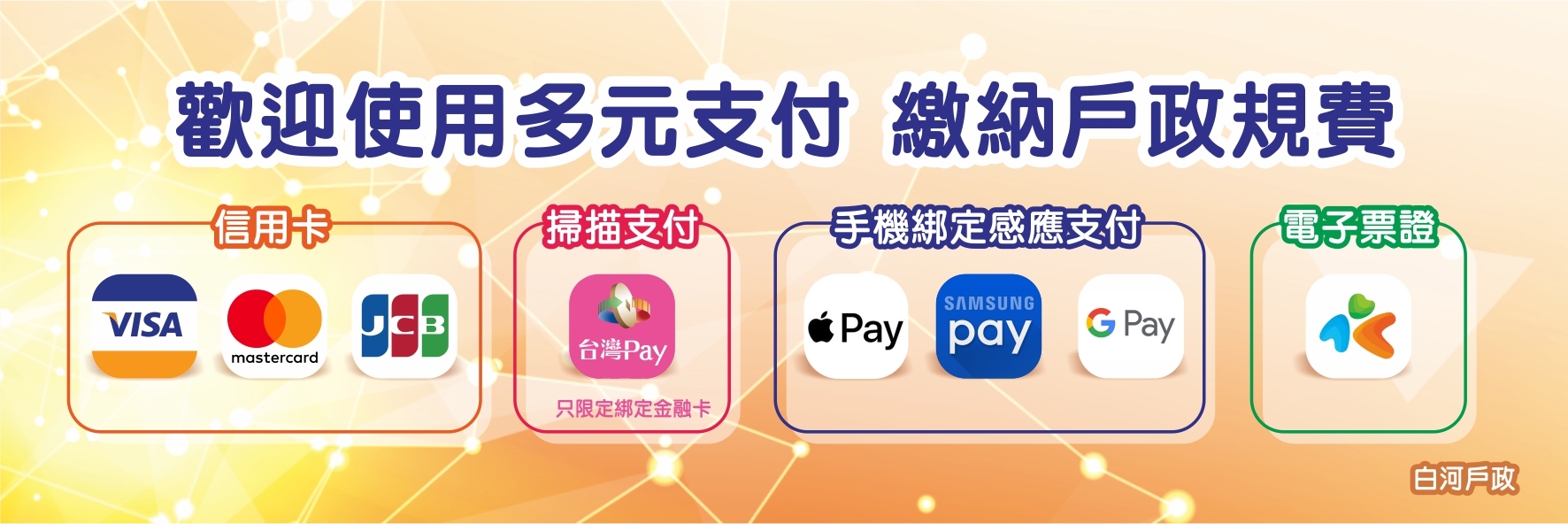電子票證(信用卡、行動支付、一卡通、市民卡)繳納戶政規費，好方便，請多加利用。