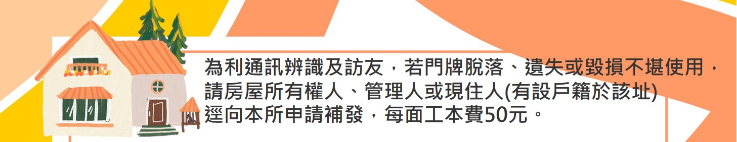 為利通訊辨識及訪友，若門牌脫落、遺失或毀損不堪使用， 請房屋所有權人、管理人或現住人(有設戶籍於該址) 逕向本所申請補發，每面工本費50元。