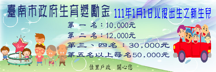 臺南市政府111年起生育獎勵金宣導海報