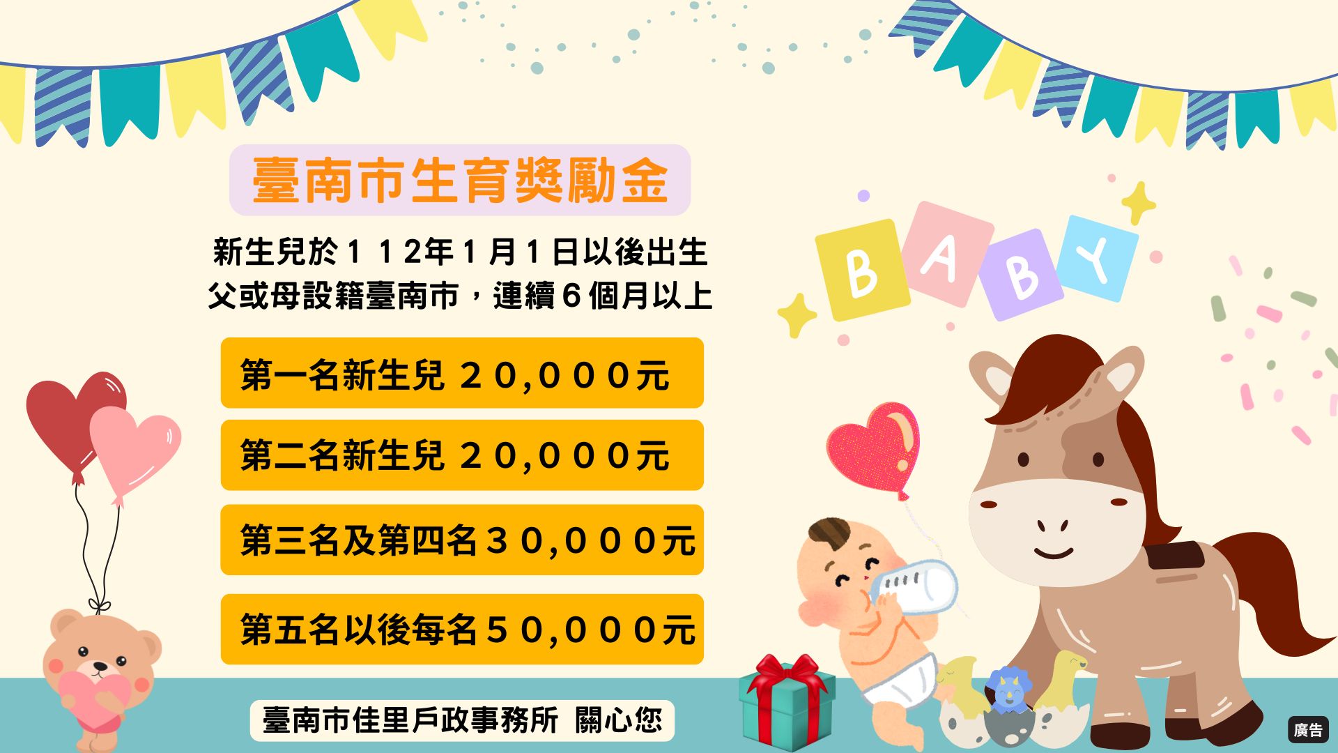臺南市政府112年起生育獎勵金宣導海報