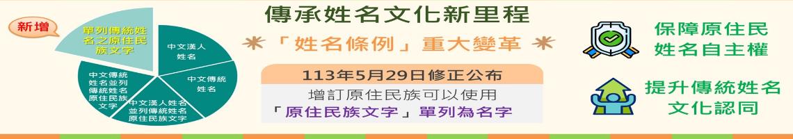 「姓名條例」113年5月29日修正公布，增訂原住民族可以使用「原住民族文字」單列為名字。