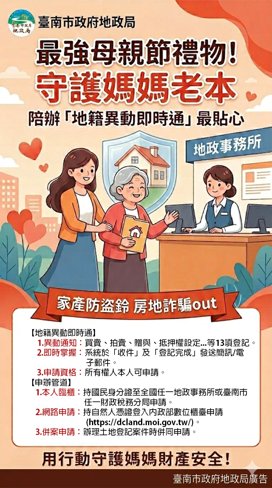 守護媽媽老本 臺南市地政局推「地籍異動即時通」服務