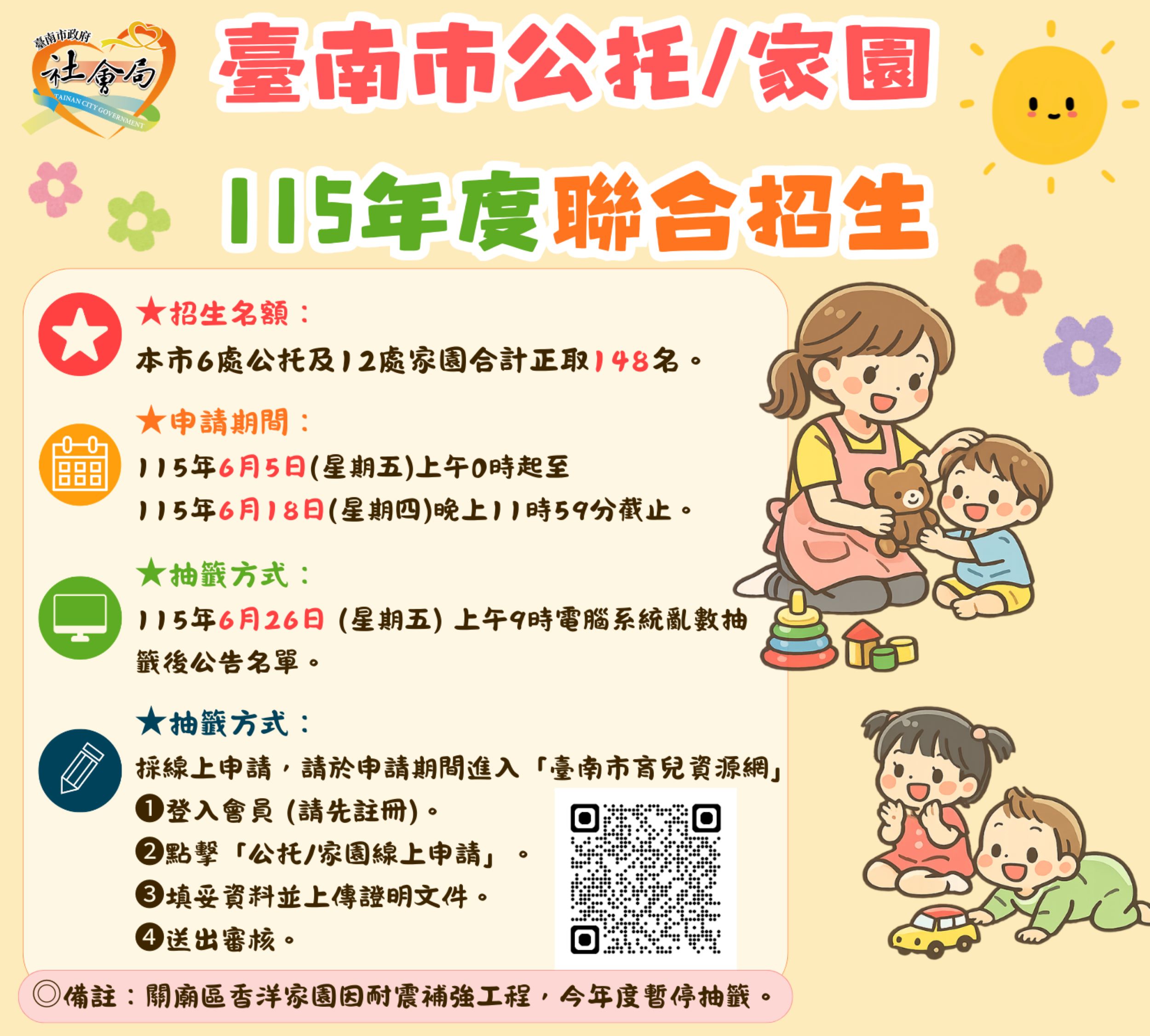 臺南市18處公托家園聯合招生中，148個托育名額受理報名中