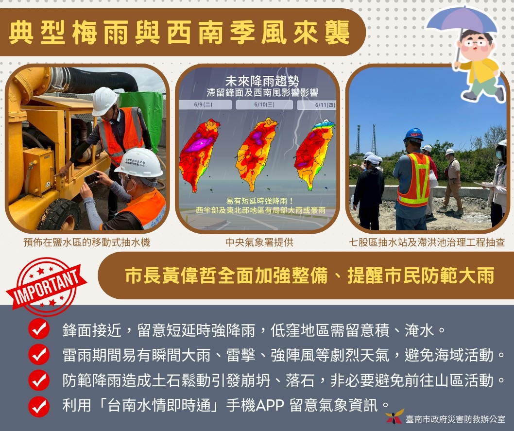 典型梅雨與西南季風來襲 市長黃偉哲要求全面加強整備、提醒市民防範大雨