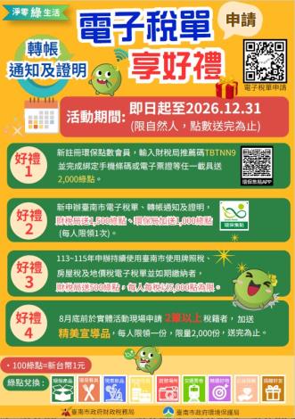 臺南推動凈零綠生活，申辦電子稅單送綠點