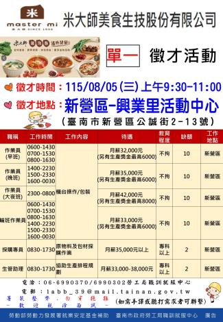 115/8/5(三)勞工局職訓就服中心辦理『米大師美食生技股份有限公司』單一徵才活動，歡迎求職民眾踴躍參加