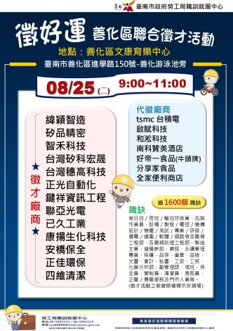 115/08/25(二)勞工局職訓就服中心辦理【徵好運】善化區聯合徵才活動,歡迎求職民眾踴躍參加