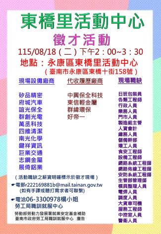 115/08/18(二)勞工局職訓就服中心辦理永康區東橋里活動中心廠商聯合徵才活動 歡迎求職民眾踴躍參加