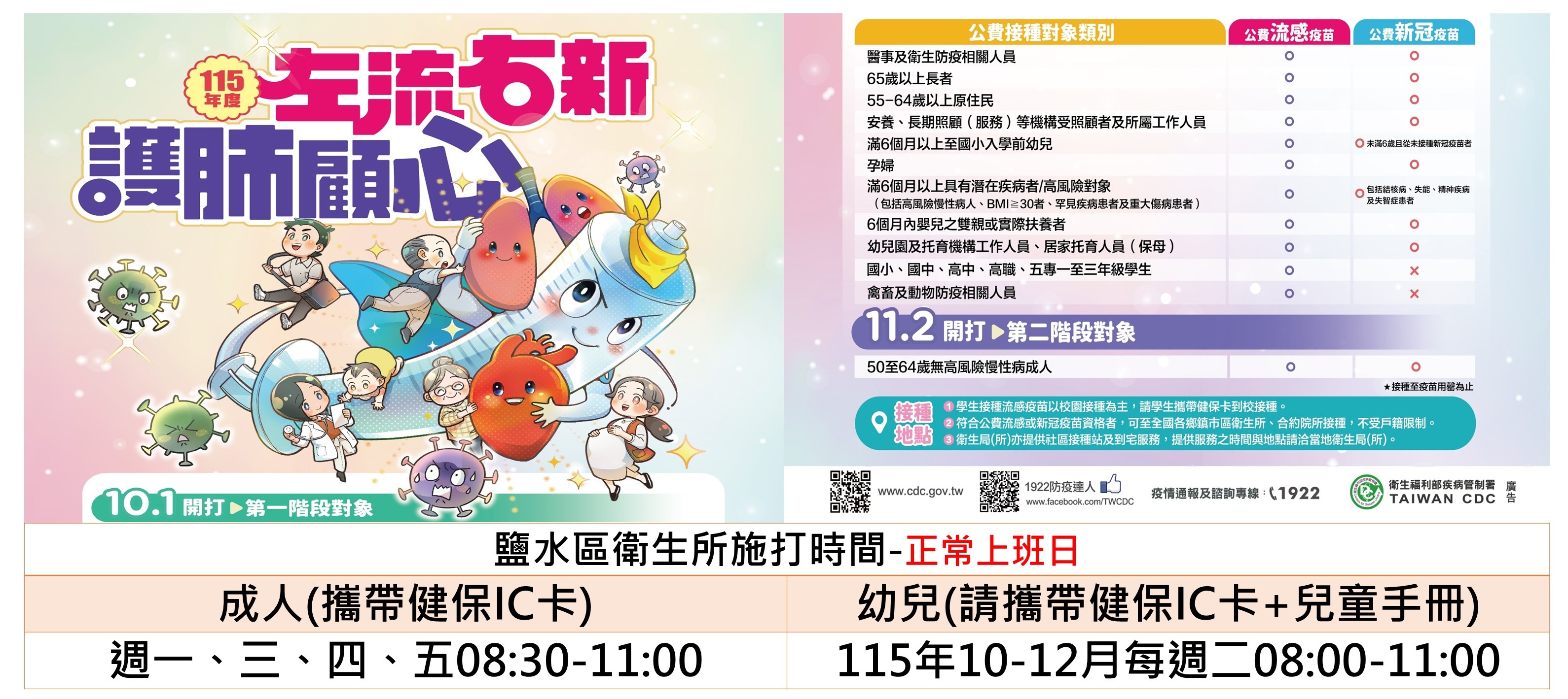 115年度流感及新冠疫苗於10月1日開打囉!(內有合約院所及社區設站相關訊息)