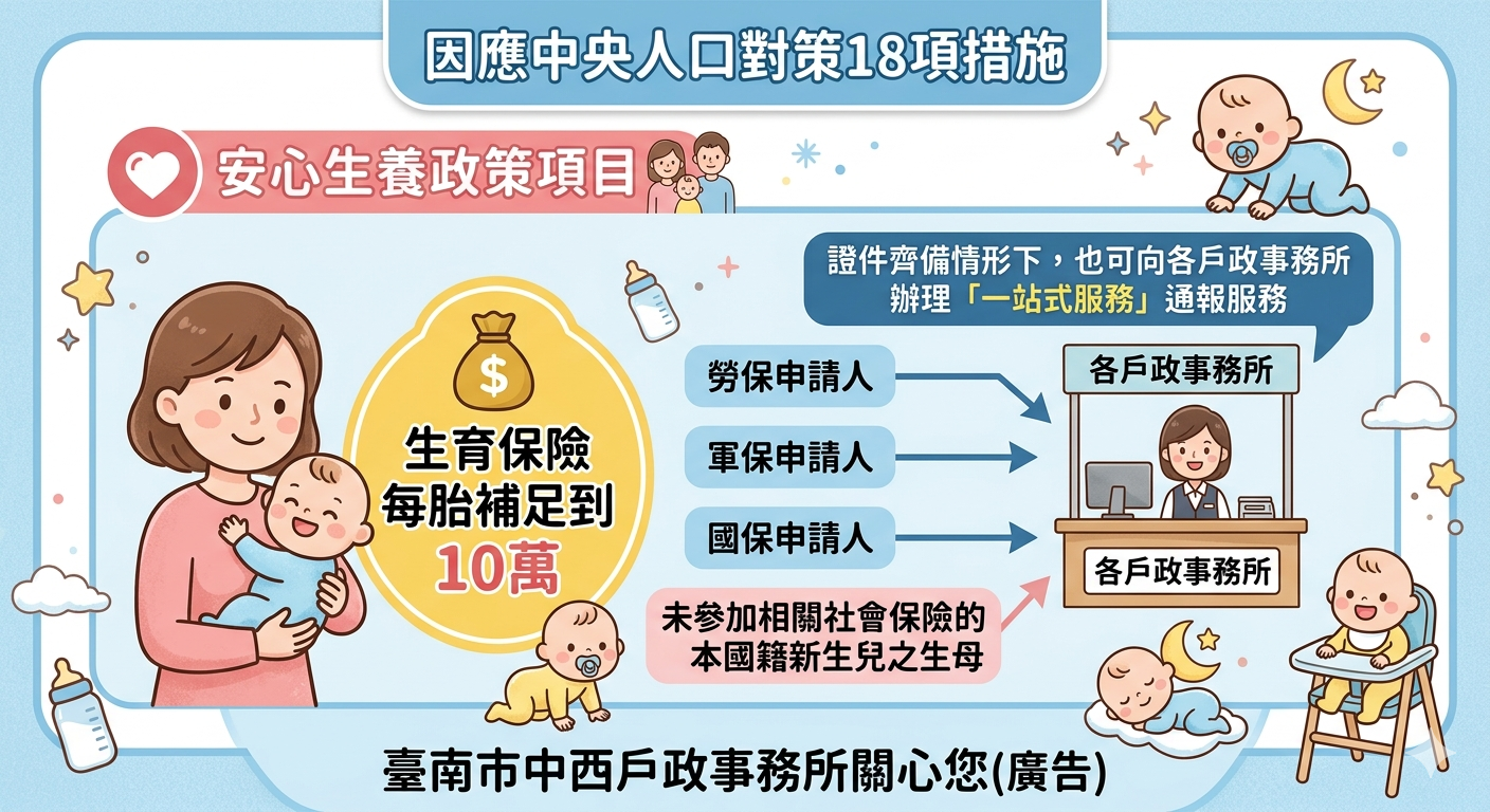 為對應中央人口對策18項措施，其中政策項目「安心生養」之「生育保險每胎補足到10萬」，勞保、軍保、國保申請人及未參加相關社會保險的本國籍新生兒之生母，於證件齊備情形下，也可向各戶政事務所辦理「一站式服務」通報服務