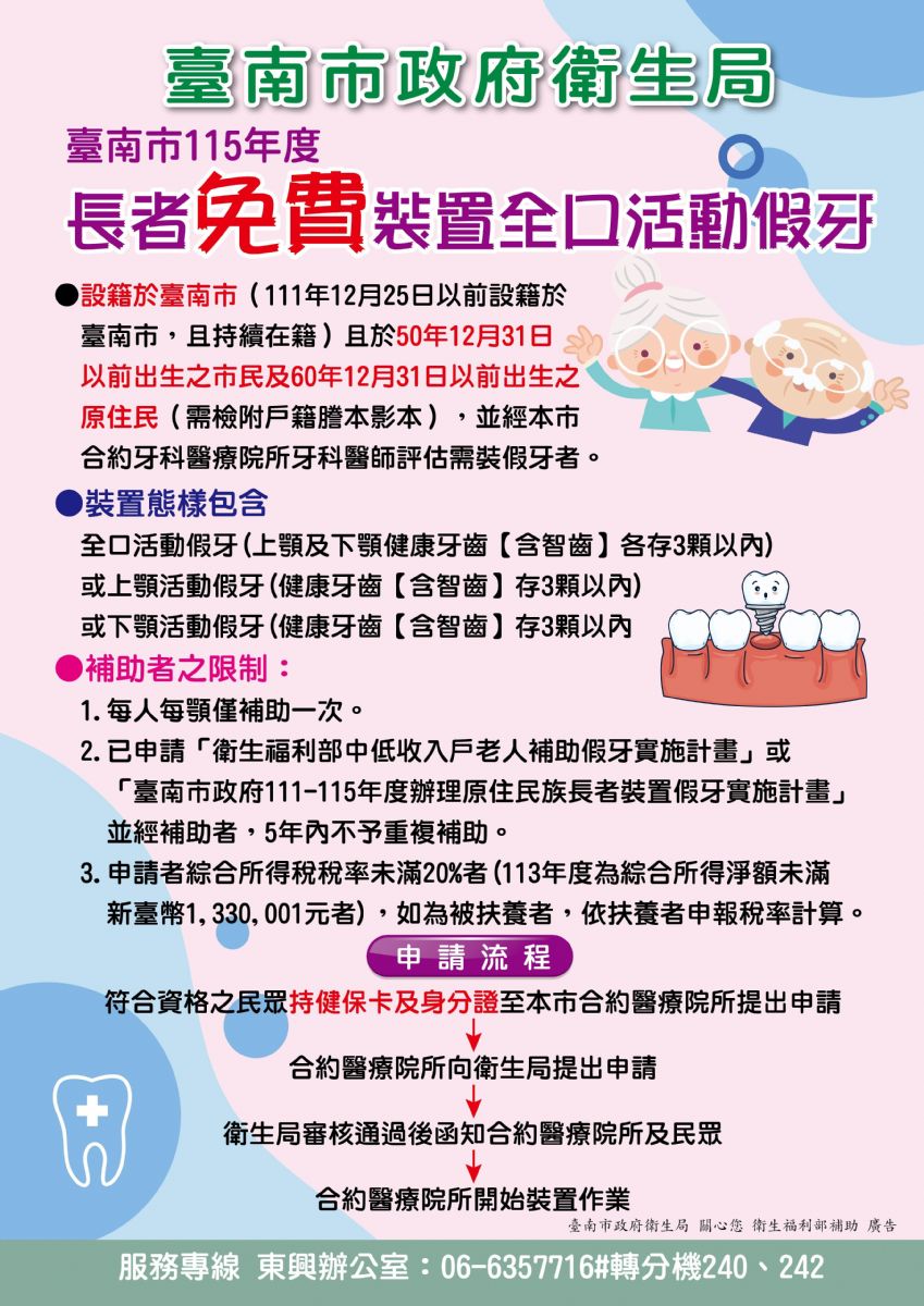 臺南市115年度65歲以上暨55歲以上原住民免費裝置全口活動假牙補助