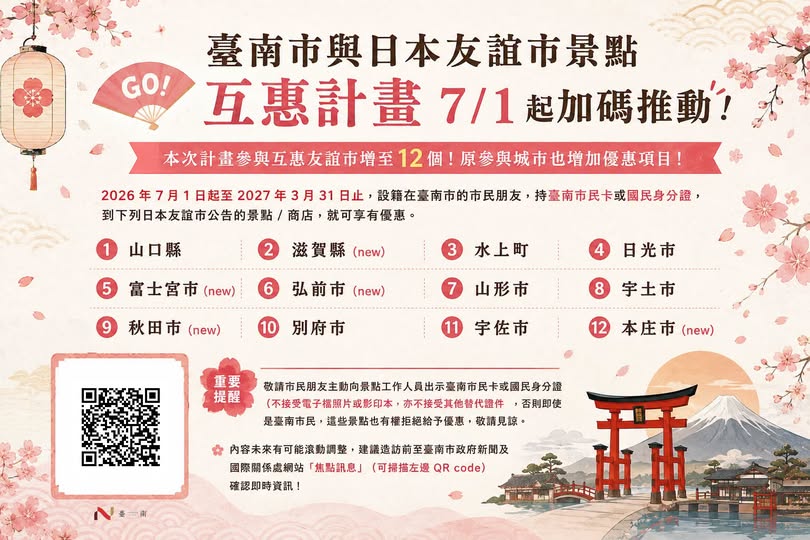 臺南市與日本友誼市景點互惠計畫7月1日起加碼推動文宣