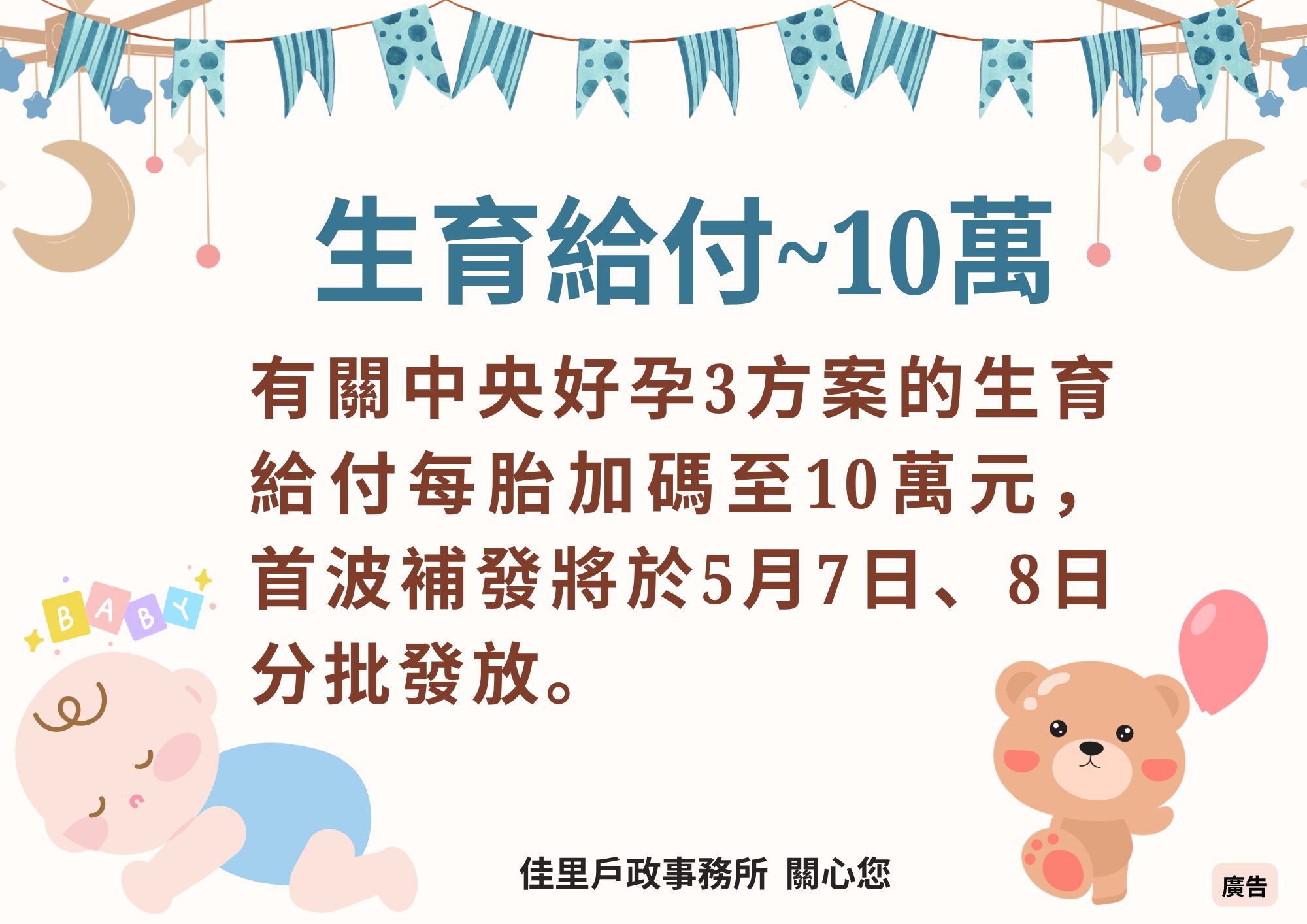 「有關中央好孕3方案的生育給付每胎加碼至10萬元，首波補發將於5月7日、8日分批發放訊息。