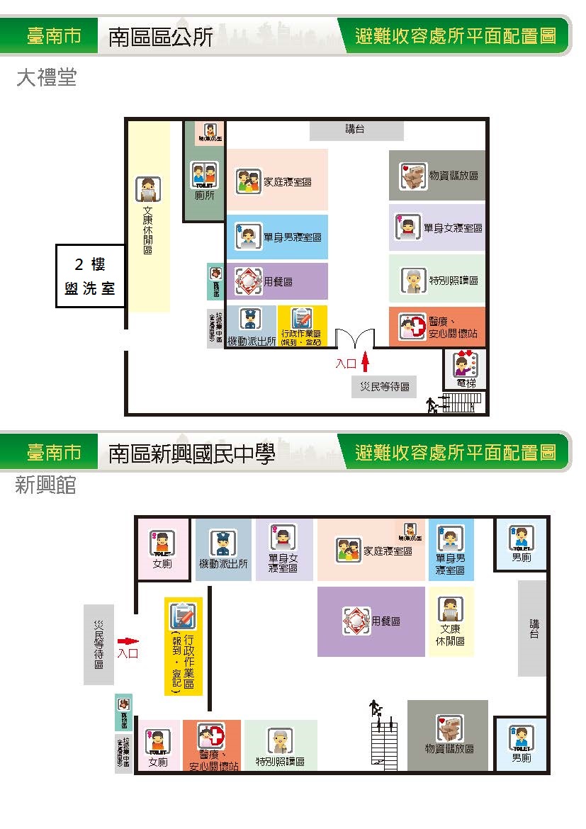 南區區公所大禮堂及新興國中新興館避難收容處所平面配置圖