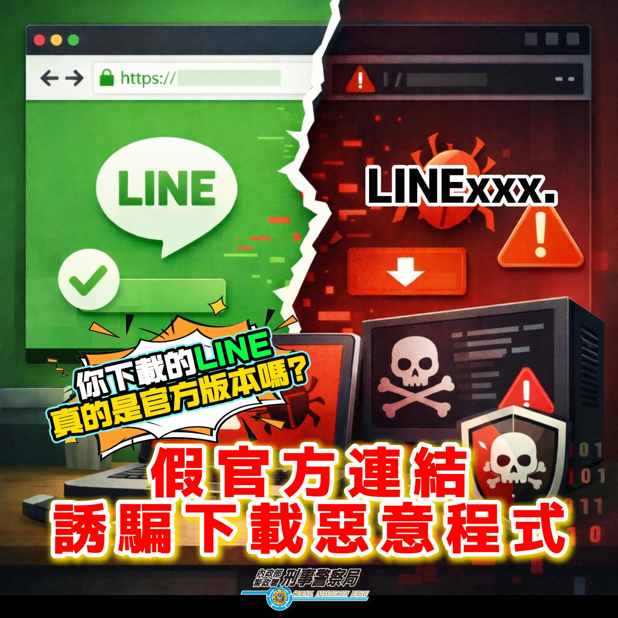 假官方連結誘騙下載惡意程式內容詳海報