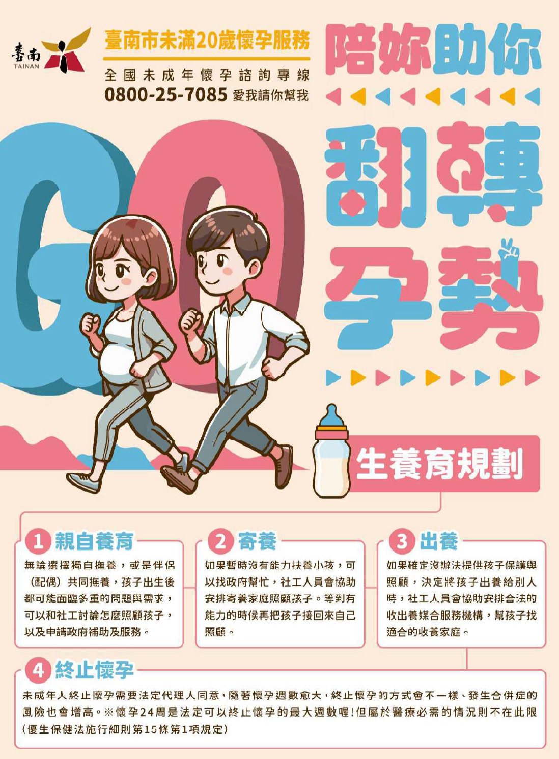 宣導臺南市政府社會局未滿20歲懷孕服務，製作「陪妳、助你-翻轉孕勢」服務方案