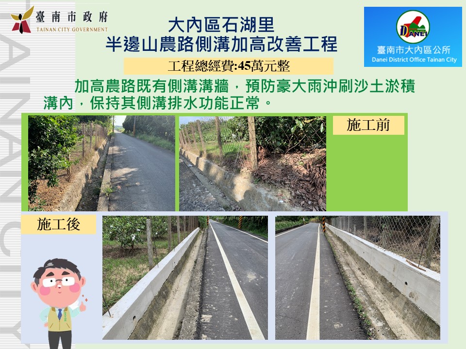 大內區石湖里半邊山農路側溝加高改善工程