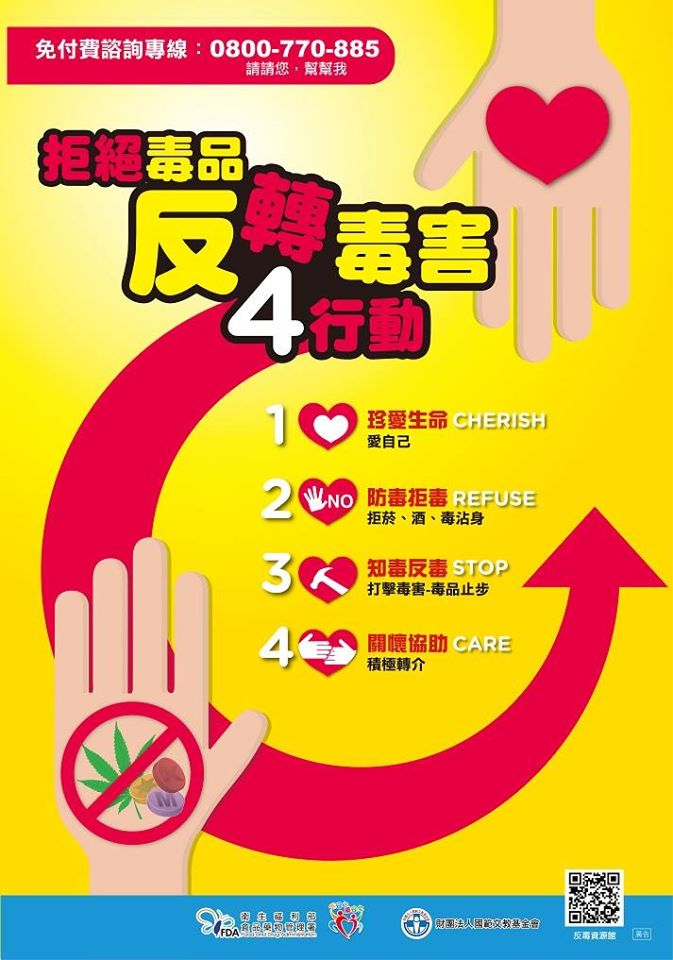 反轉毒害四行動：1.珍愛生命(愛自己)；2.防毒拒毒(拒菸、酒、毒沾身)；3.知毒反毒(打擊毒害-毒品止步)；4.關懷協助(積極轉介)。