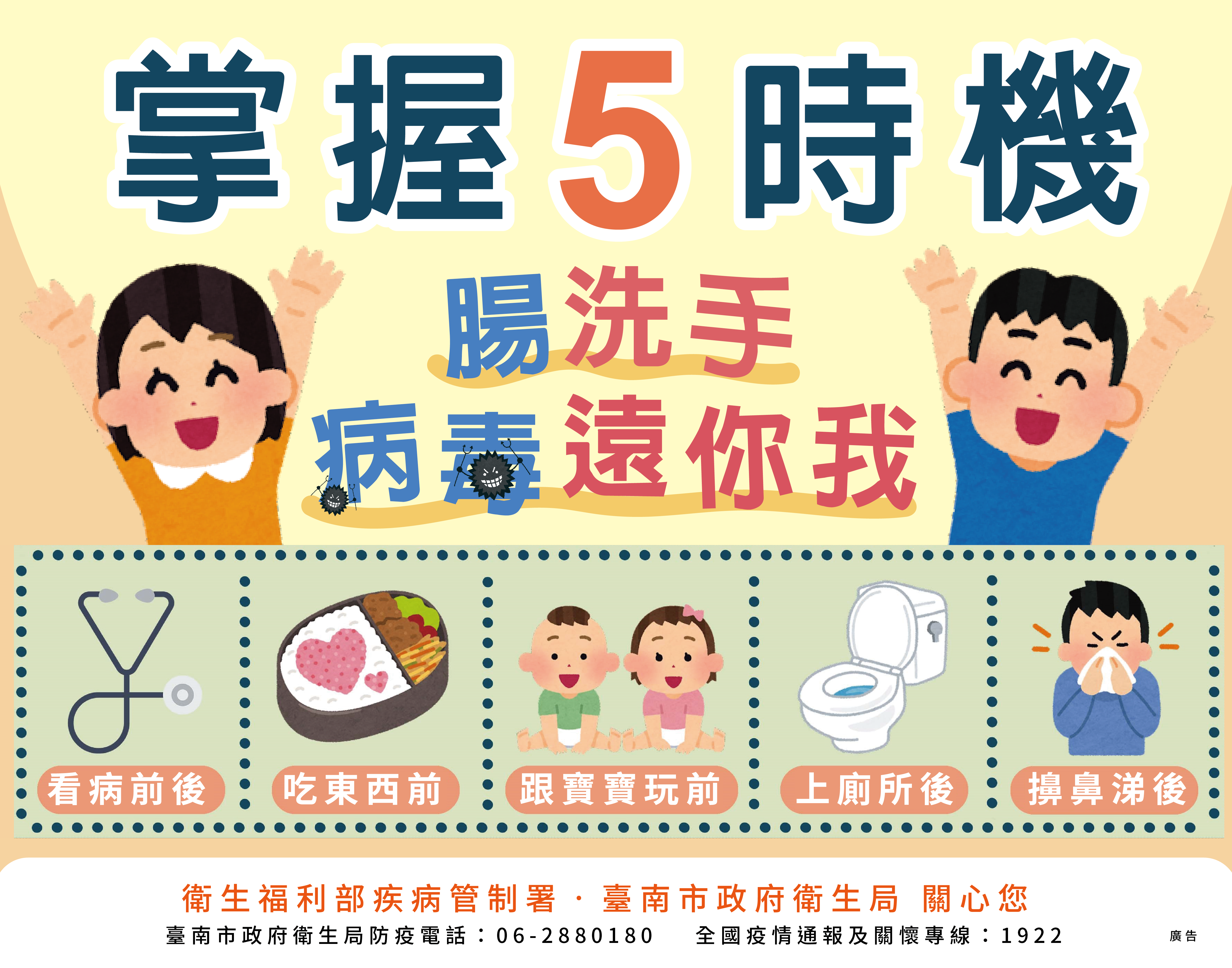 掌握5時機，勤洗手遠離病毒！ 腸病毒、流感等病毒經由手部傳播，正確洗手是最有效的預防方式！