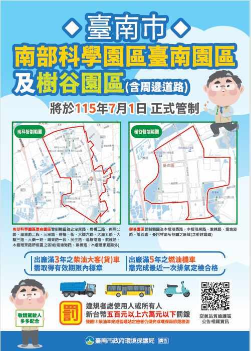 臺南市劃設「南部科學園區臺南園區及樹谷園區」空氣品質維護區實施移動污染源管制措施1案，將自115年7月1 日起生效