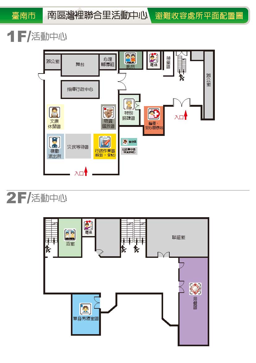 灣裡聯合里活動中心1樓與2樓避難收容處所平面配置圖