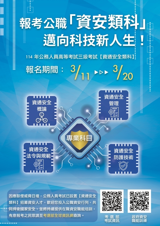 「114年公務人員高等考試三級考試-資通安全類科」招考訊息