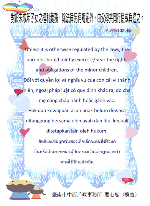 對於未成年子女之權利義務，除法律另有規定外，由父母共同行使或負擔之(多國語言)
