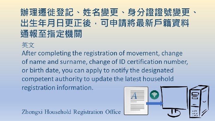 辦理遷徙登記、姓名變更、身分證證號變更、出生年月日更正後，可申請將最新戶籍資料通報至指定機關(英文)