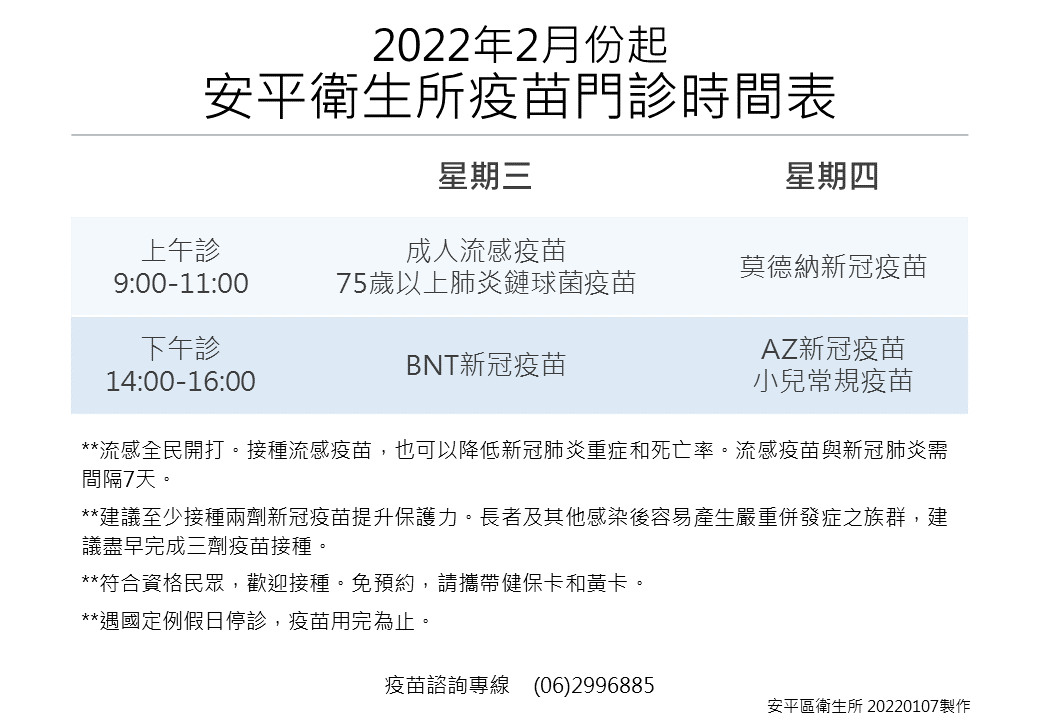 2022年2月安平衛生所門診表