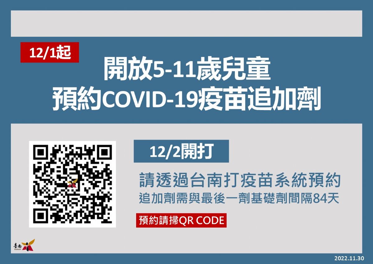 開放5-11歲兒童至台南打疫苗預約COVID-19疫苗追加劑